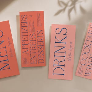 Text only editorial Style, Elegant Retro Wedding Menu Template with place cards. Elegant typography, Bold bright Colors, Editable (Templett)