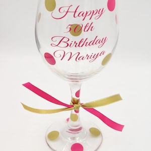 Personalized 50th Birthday Wine Glass: Custom Polka Dot Design