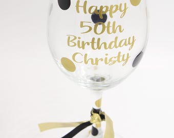 Personalized 50th Birthday Wine Glass: Black and Gold Polka Dots