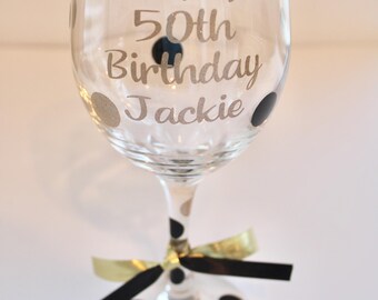 Personalized 50th Birthday Wine Glass: Black and Gold Polka Dots