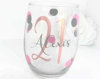 Personalized 21st Birthday Wine Glass: Custom Polka Dot Design