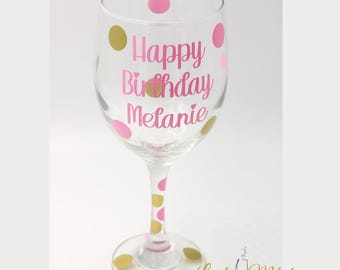 Personalized Birthday Wine Glass: Custom Name, Polka Dot Design