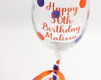 Personalized 50th Birthday Wine Glass: Black and Gold Polka Dots