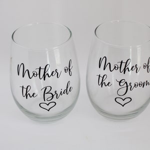 Mother of the Bride Wine Glass, Mother of the Bride, Custom Mother of the Bride Stemless Wine Glass, Mother's Day Gift, Wedding Day Glass image 1