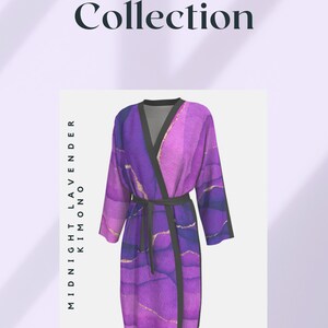 May include: A purple and pink kimono robe with gold accents and a black sash. The robe has a watercolor-like design. "Midnight Lavender Kimono" is written on the left side of the image.