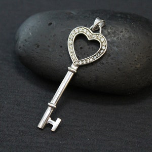 Valentine&#39;s Day Sterling Silver White Gemstone Key to My Heart Pendant