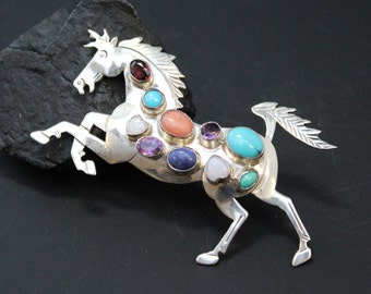 Sterling Silver Reering Horse Gemstone Brooch Pin with Optional Pendant