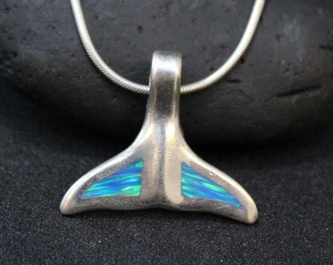 Sterling Silver Synthetic Opal Whale Tail Necklace on 16 inch Sterling Silver Snake Chain