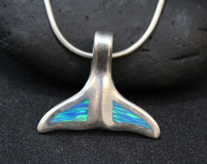 Sterling Silver Synthetic Opal Whale Tail Necklace on 16 inch Sterling Silver Snake Chain