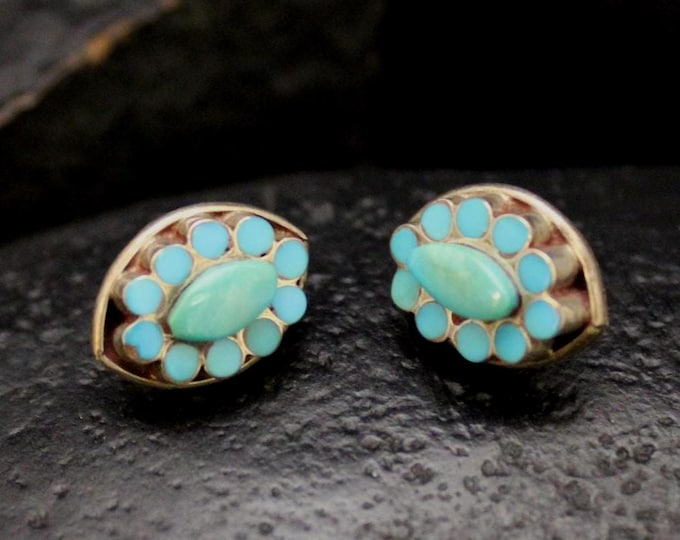 Vintage Sterling Silver Blue Stone Southwestern Stud Earrings, VTG 925 Boho Blue Green Gemstone Studs, Marquise Shaped Cluster Stud Earrings