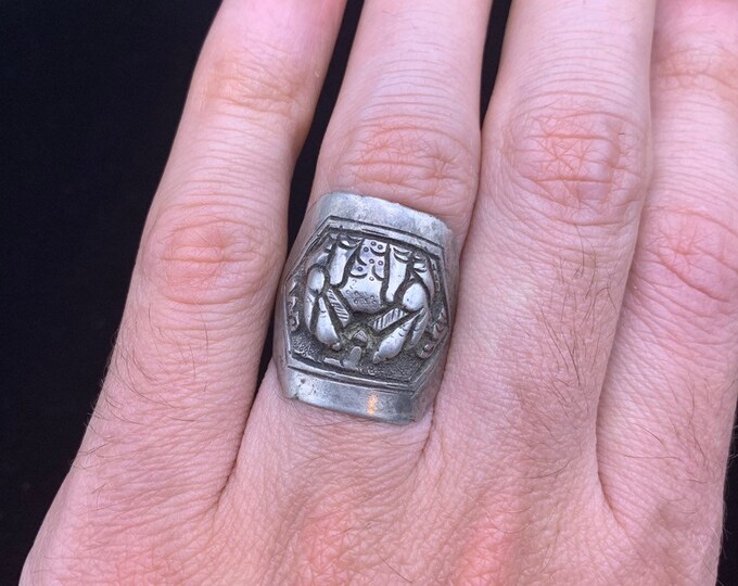 Epic Antique Asian Silver Ring, Sterling Silver Mystery Ring, Adjustable Sterling Ring With Mysterious Past, High Relief Sterling Ring