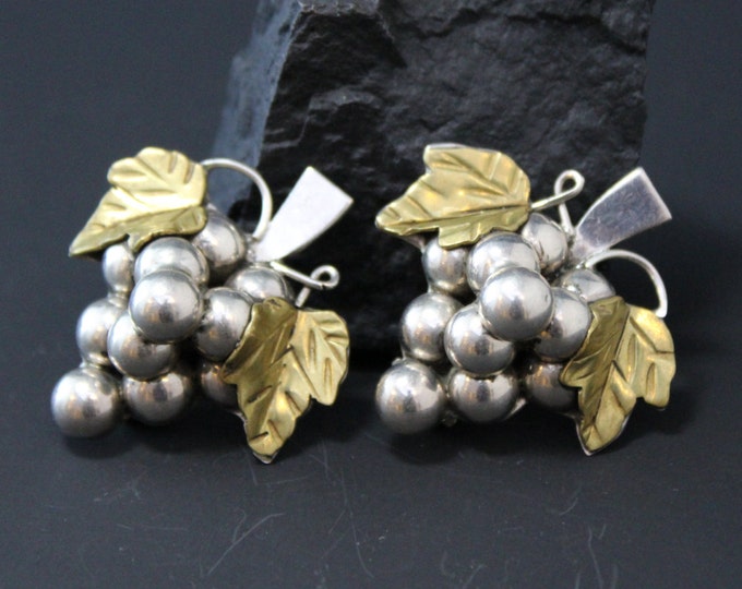 Vintage Sterling Silver and Brass TAXCO Grape Cluster Clip on Earrings