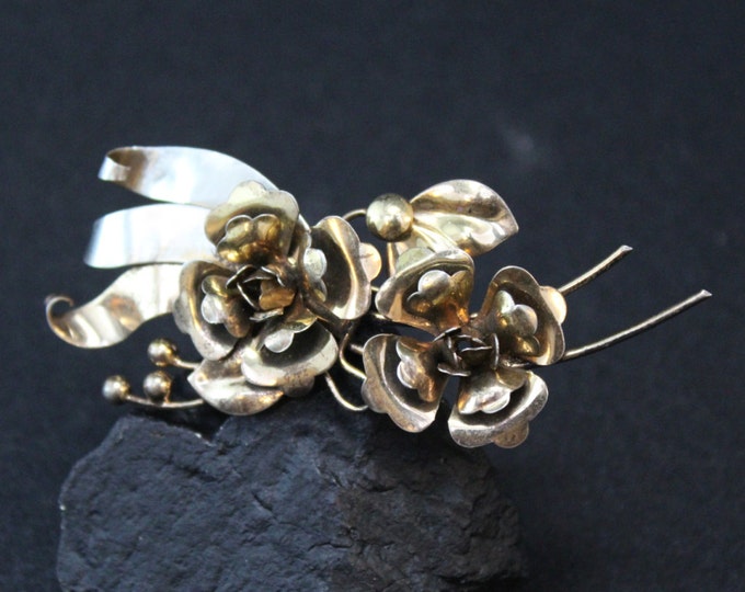 Large Vintage Sterling Silver Gold Vermeil Rose Flower Brooch Pin