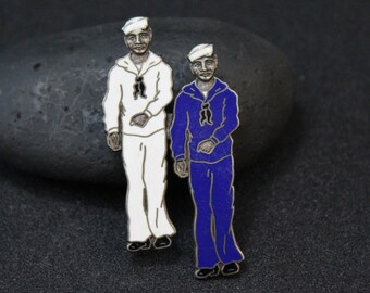 RARE WWII Sterling Silver and Enamel Patriotic Figural Double Sailor Navy Brooch Pin