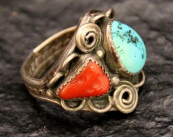 Vintage Sterling Silver Multi Gemstone Southwestern Ring, VTG 925 Blue & Red Stone Boho Artisan Ring, Vintage Silver Statement Ring, Size 7