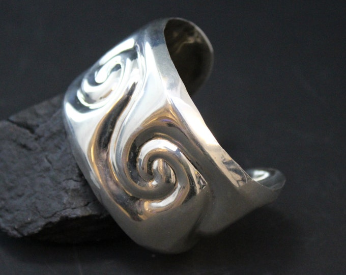 Sterling Silver Wide Taxco Mexican Swirl Cuff Bracelet