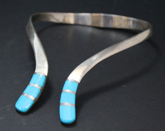 Sterling Silver Modernist Mexico Turquoise Inlay Hinged Collar Statement Necklace, 925 Sterling