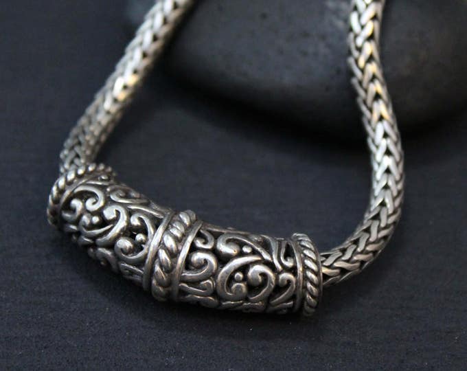 Heavy Sterling Balinese Necklace, Filigree Silver, Sterling Slide Pendant, Thick Sterling Chain, 925 Necklace
