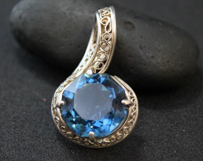 Sterling Silver Big Blue Faceted Gemstone Statement Pendant