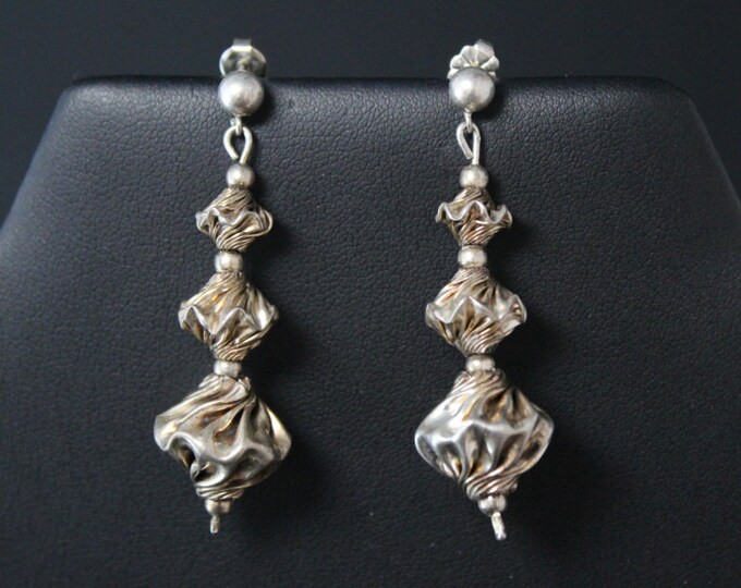 Sterling Silver Modernist Ruched Beaded Dangle Post Earrings