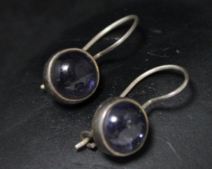 Sterling Silver Violet Iolite Bezel Set Drop Earrings, Minimalist Gemstone Sterling Earrings, Sterling Iolite Jewelry, Purple Gem Earrings