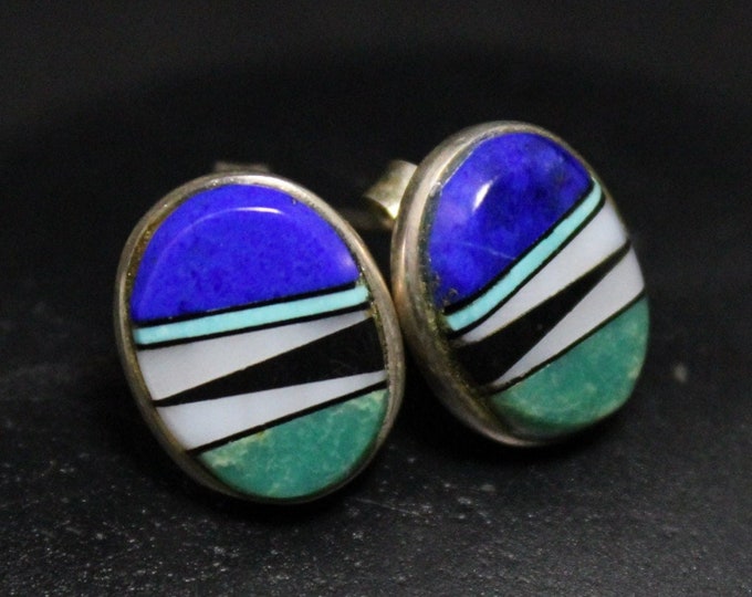 Sterling Silver Southwestern Inlay Oval Stud Earrings With Lapis Lazuli, Turquoise, Mother of Pearl, Onyx, Southwest Sterling Earrings