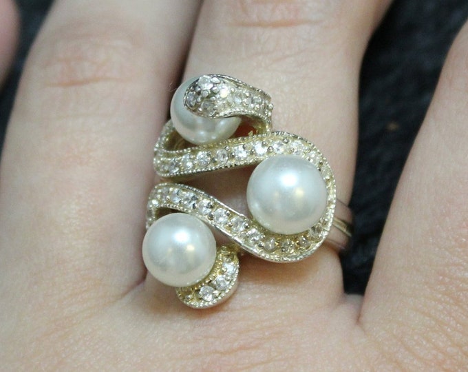 Sterling Silver Pearl and CZ Snake Ring, Sterling Silver Pearl Ring, Sterling Silver Snake Ring, Sterling Silver Serpent Ring