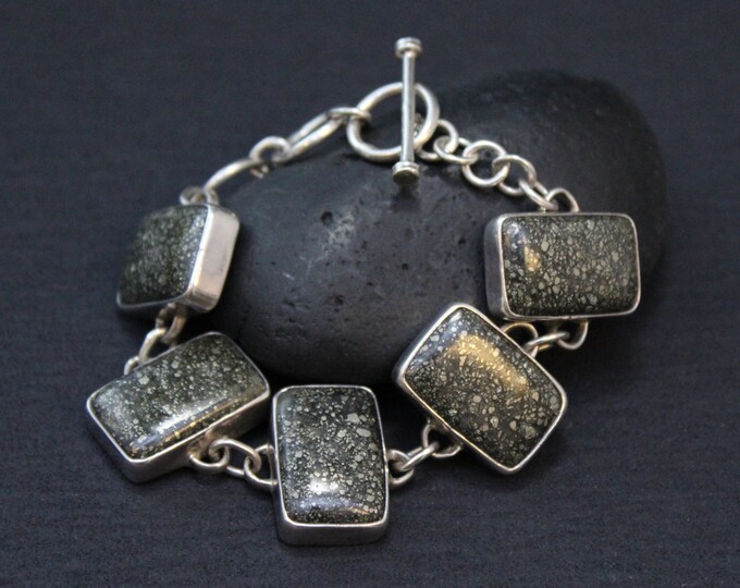 Heavy Sterling Silver Pyrite Composite Modern Link Bracelet with Toggle Clasp