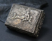 Antique Engraved 900 Silver Embossed French Trinket Snuff Jewelry Box with Angels and Cherubs
