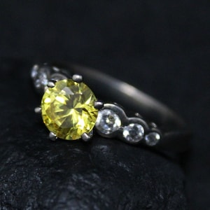 Sterling Silver Canary Yellow Gemstone Cocktail Ring with Graduated Bezel Set Clear Stones, Yellow Gemstone Jewelry, Canary Gemstone Ring