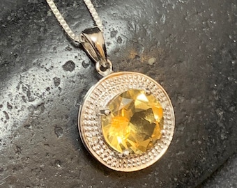 Sterling silver genuine citrine pendant with diamond accent, citrine pendant with diamond accent, round sterling pendant with citrine