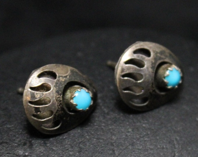 Sterling Silver Turquoise Bear Paw Shadow Earrings, Southwest Bear Paw Earrings, Silver Bear Paw Shadowbox Earrings, Vintage Turquoise
