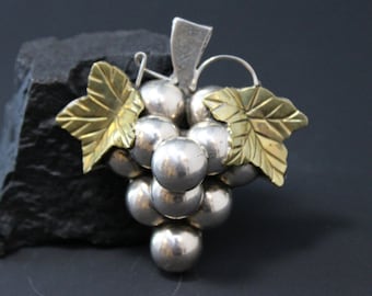 Vintage Sterling Silver and Brass TAXCO Mexican Grape Cluster Brooch Pin Pendant