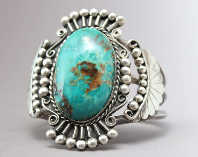 Beautiful Signed Sterling Silver Turquoise Ornate Cuff Bracelet