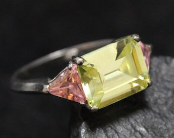 Sterling Silver 3 Stone Ring CZ with SPARKLING Emerald Cut Yellow and Pink Trillion, East West Setting, Colorful Three Stone Engagement Ring