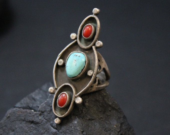 Sterling Silver Old American Southwest Turquoise and Coral Long Statement Ring