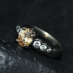 Sterling Silver Peach Champagne Gemstone Cocktail Ring with Graduated Bezel Set Clear Stones, Pink Gemstone Jewelry, Champagne Gemstone Ring