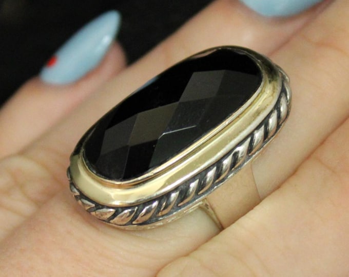 Vintage Sterling Silver Black Stone Two Tone Cocktail Ring, VTG 925 Large Checkerboard Cut Gemstone Statement Ring, US Size 7.25