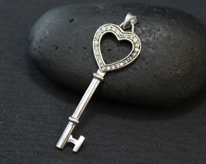 Valentine's Day Sterling Silver White Gemstone Key to My Heart Pendant