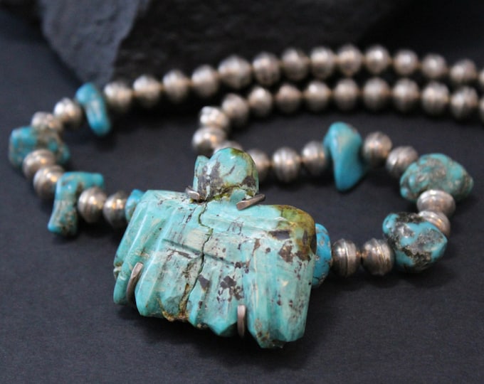Sterling Silver Carved Turquoise Thunderbird Vintage American Beaded Necklace (AS IS)