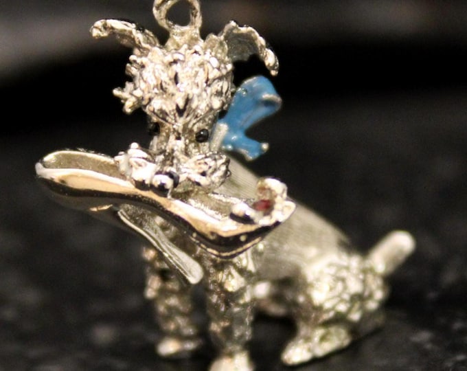 VTG 925 Retro Dog With Shoe Charm, Vintage Sterling Silver Poodle with High Heel Pendant, Cute Silver and Enamel Puppy Charm