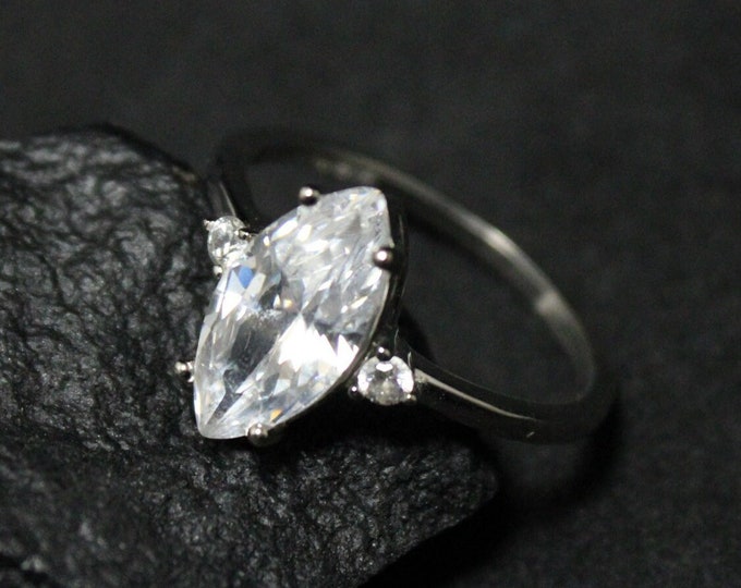 Sterling Silver 1.5 carat Marquise Cut CZ 3 Stone Ring Set size 5.75, Diamond Alternative Wedding Engagement Ring, Marquise Cocktail Ring