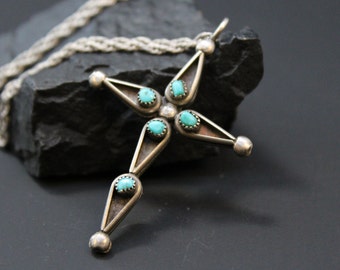 Vintage Sterling Silver Reversible Petit Point Cross Necklace with Coral And Turquoise, Southwestern 925 cross