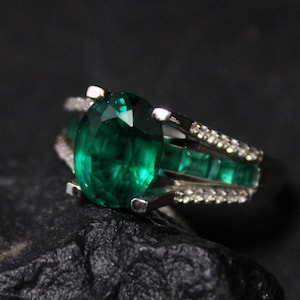 Modern Channel Set Sterling Silver Lab Created Emerald and CZ Cocktail Ring, Modern Sterling Emerald Ring, May Birthstone Jewelry, Green Gem