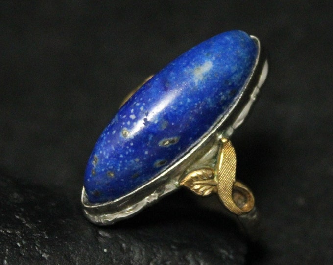 Vintage Sterling Silver and Gold Leaf Accent Lapis Lazuli Ring Size 5, Sterling Lapis Lazuli Jewelry, Denim Blue Gemstone Ring Size 5