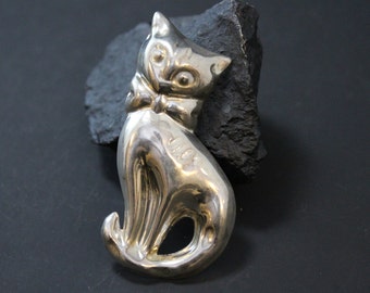 Vintage Mexico Hollow Sterling Silver Kitty Cat Brooch Pin with Bow Tie