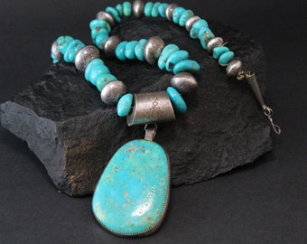 Large Neckalce, Turquoise, Southwestern Silver, Pearl Concho Beads, Turquoise Nugget Necklace
