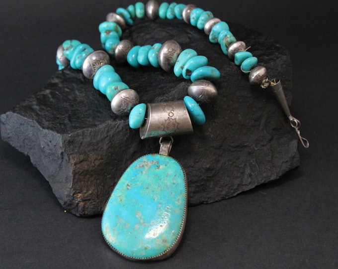 Large Neckalce, Turquoise, Southwestern Silver, Pearl Concho Beads, Turquoise Nugget Necklace
