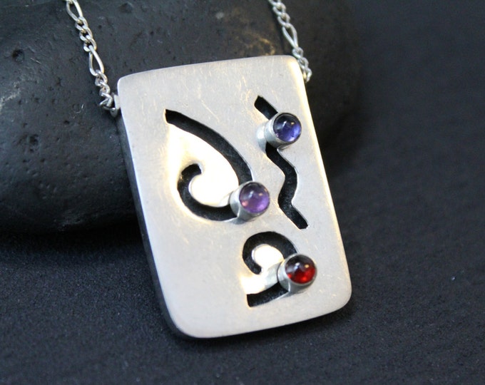 Modernist Gemstone Necklace, Sterling Swirl Pendant, Silver Amethyst, Unique Sterling Jewelry, Moving Pendant, Gemstone Slide Necklace