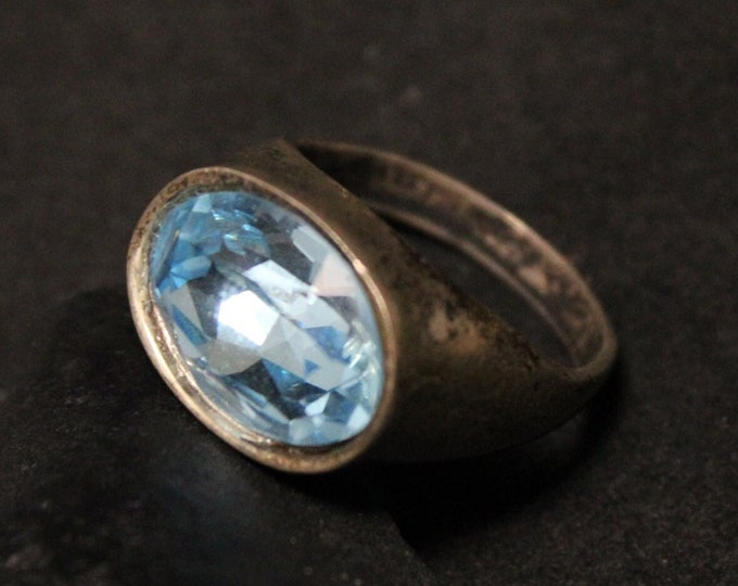 Sterling Silver Vintage Gypsy Set Oval Blue Topaz Ring Size 7, Blue Topaz Jewelry, Modernist Topaz Ring, Gypsy Set Ring, Vintage Sterling